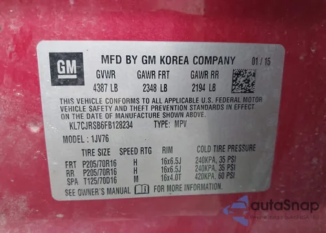 2015 Chevrolet Trax Lt from USA, damaged, VIN KL7CJRSB6FB128234